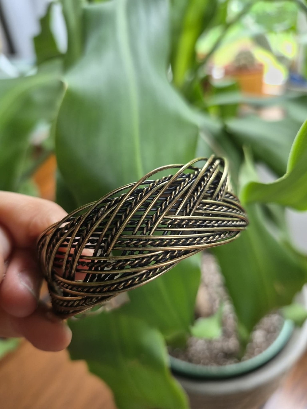 Woven Braided Metal Cuff Bracelet - Antique Gold Tone